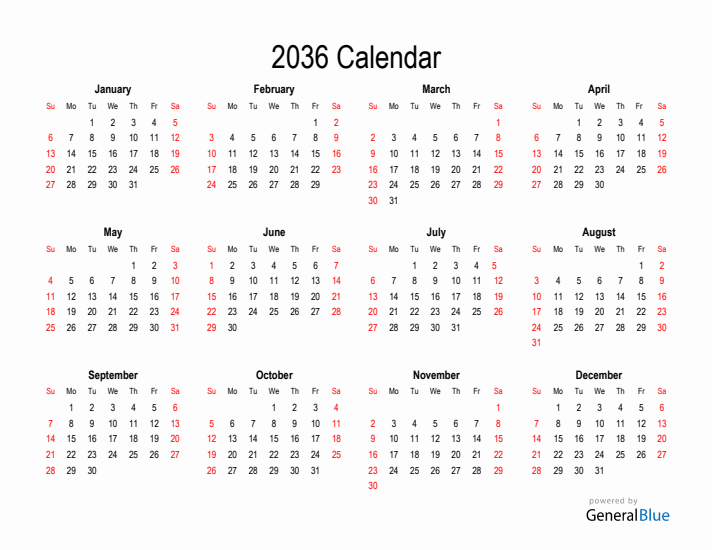 Free Calendar for 2036