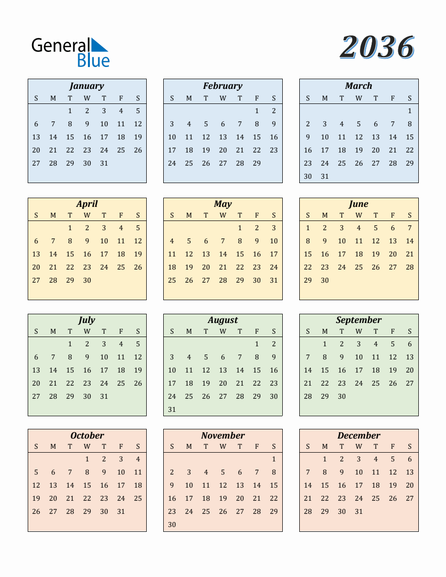 Calendar for Year 2036