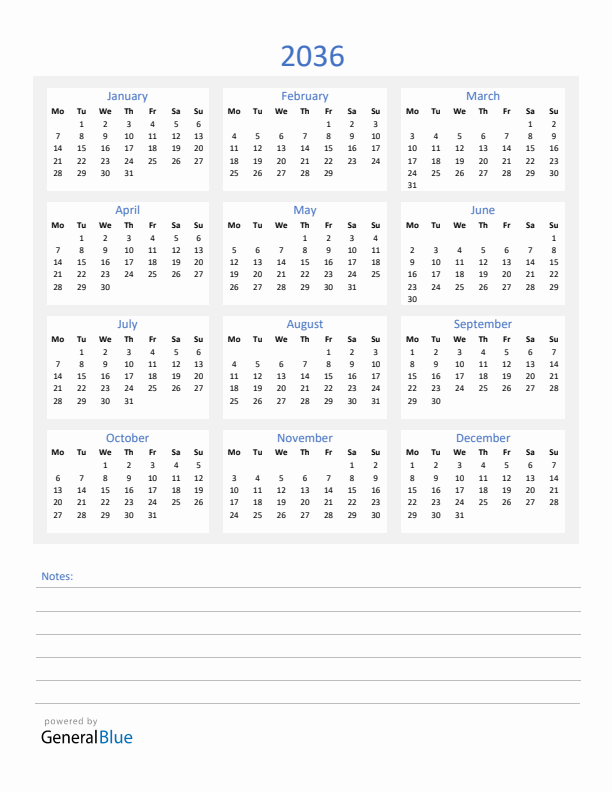 2036 Yearly Calendar Template with Notes Section (PDF Excel Word)