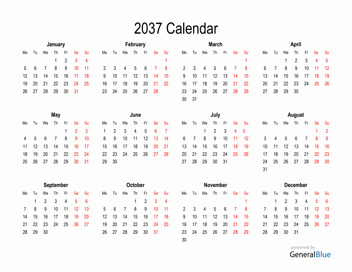 Printable Yearly Calendar for 2037 (with Red Weekend) with Monday Start