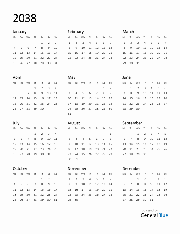 Printable Calendar for 2038