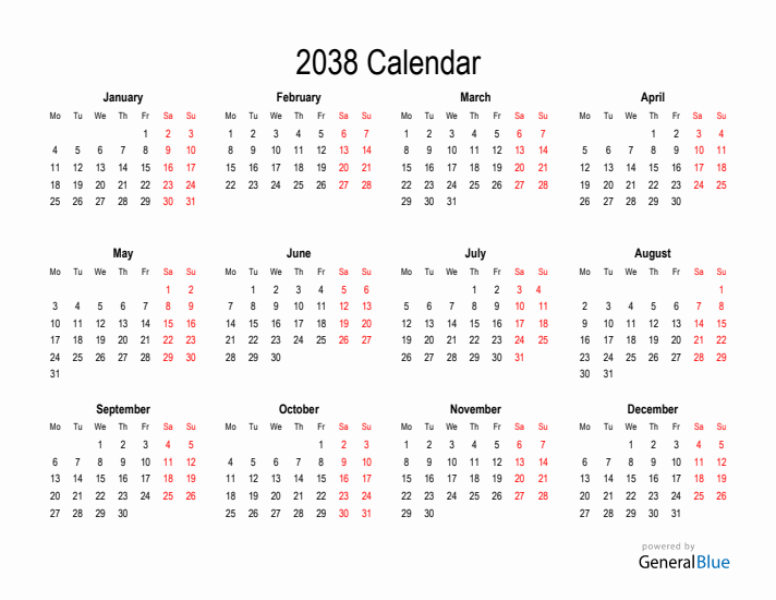Free Calendar for 2038