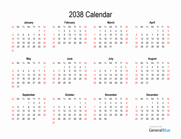 Free Calendar for 2038