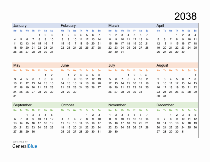 Free Downloadable 2038 Yearly Calendar Template