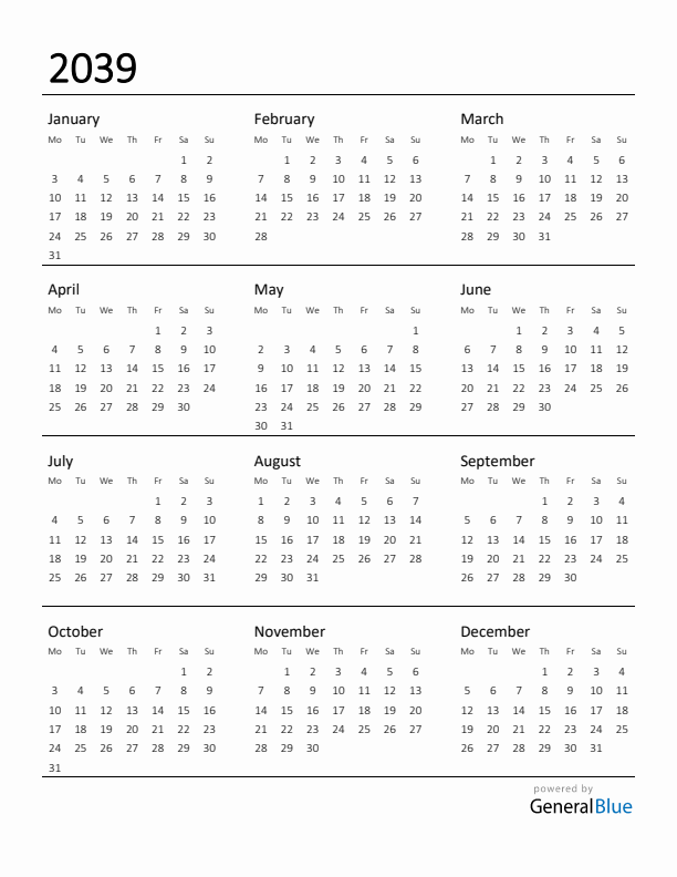 Printable Calendar for 2039