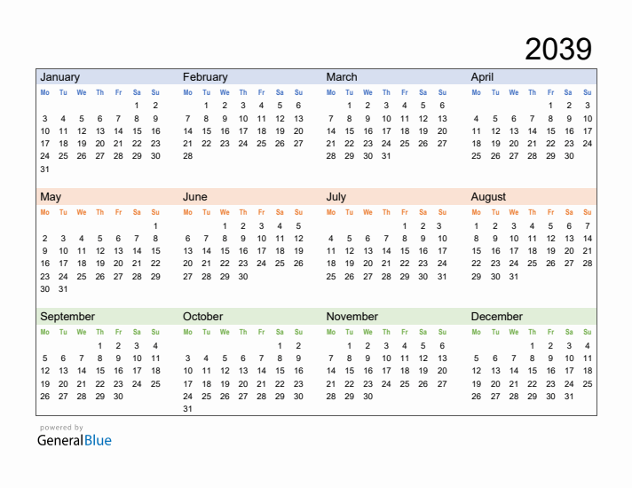 Free Downloadable 2039 Yearly Calendar Template