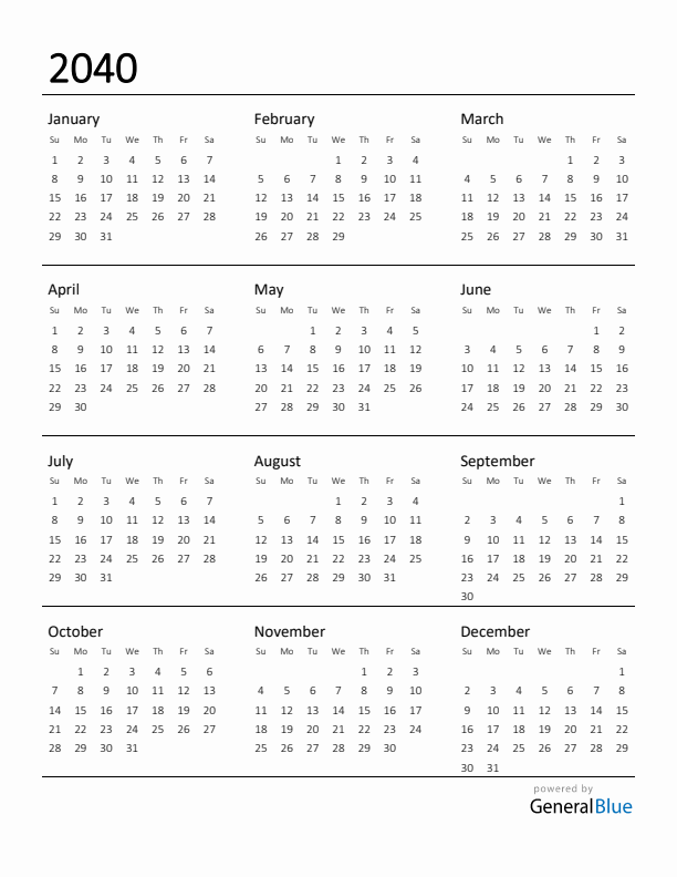 Printable Calendar for 2040