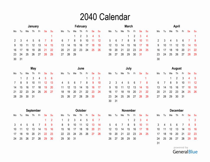 Free Calendar for 2040