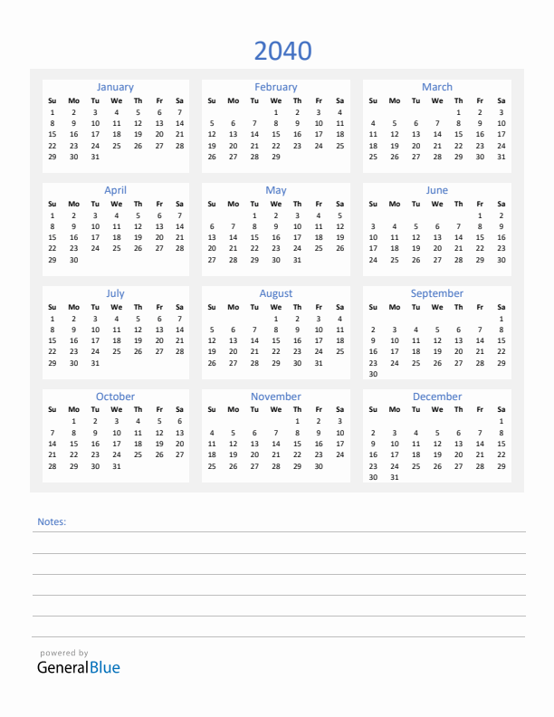 2040 Yearly Calendar Template with Notes Section (PDF Excel Word)