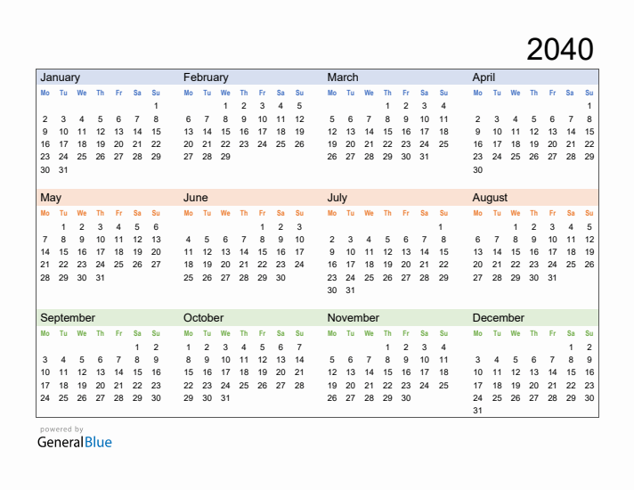 Free Downloadable 2040 Yearly Calendar Template