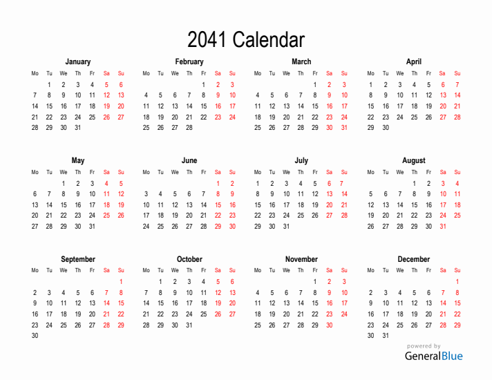 Free Calendar for 2041
