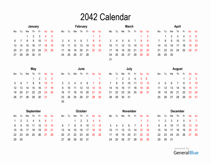 Free Calendar for 2042