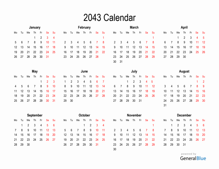 Free Calendar for 2043