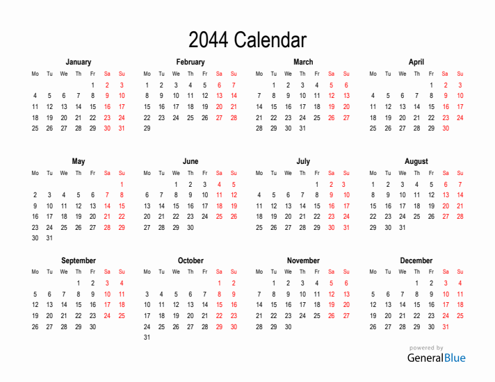 Free Calendar for 2044