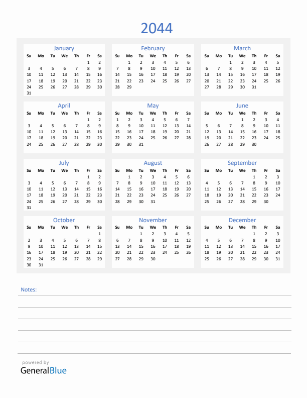 2044 Yearly Calendar Template with Notes Section (PDF Excel Word)