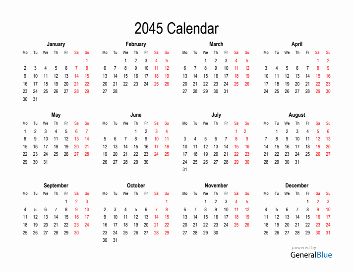 Free Calendar for 2045