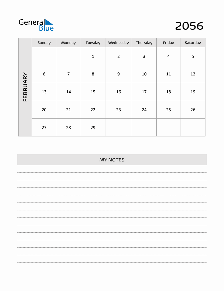February 2056 Printable Monthly Calendar with Notes