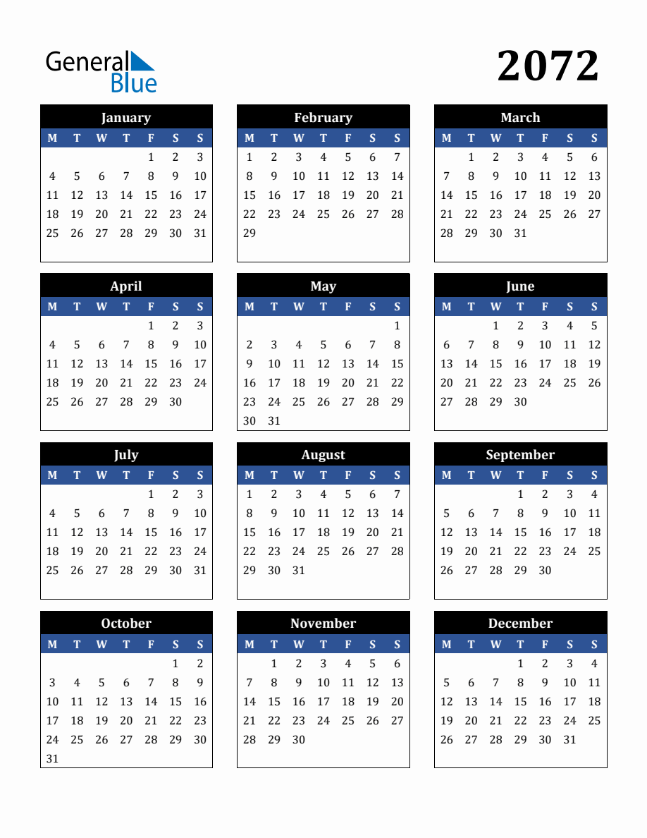 Editable 2072 Calendar with Monday Start
