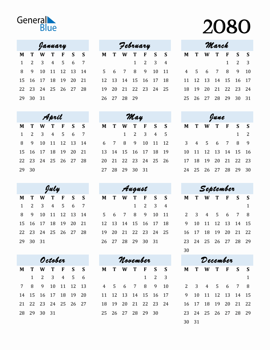 Free Downloadable Calendar for Year 2080