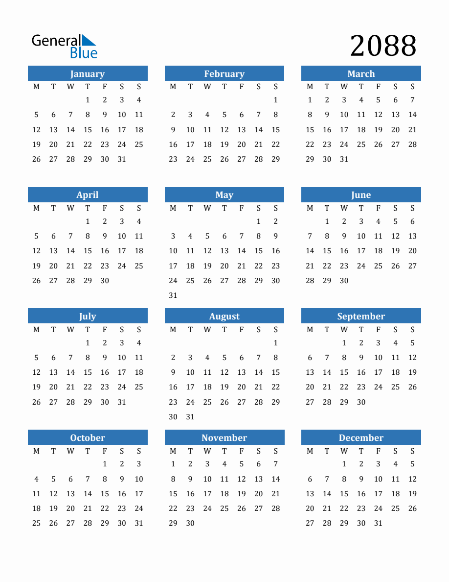 2088 Yearly Calendar with Monday Start