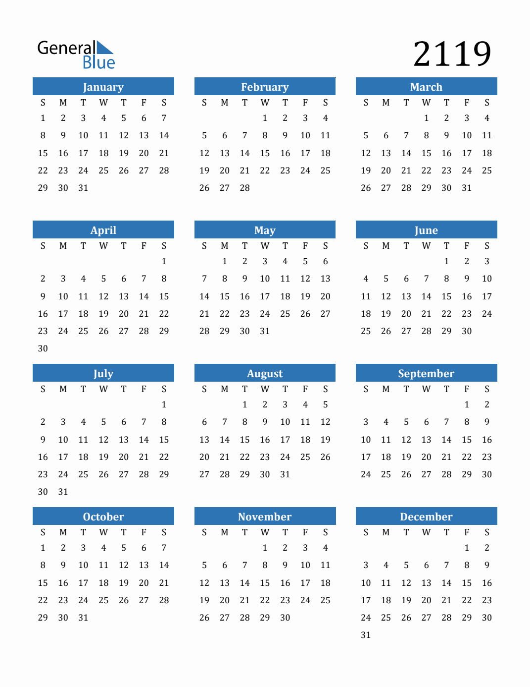 カレンダー 2119 Yearly Calendar Templates with Monday Start