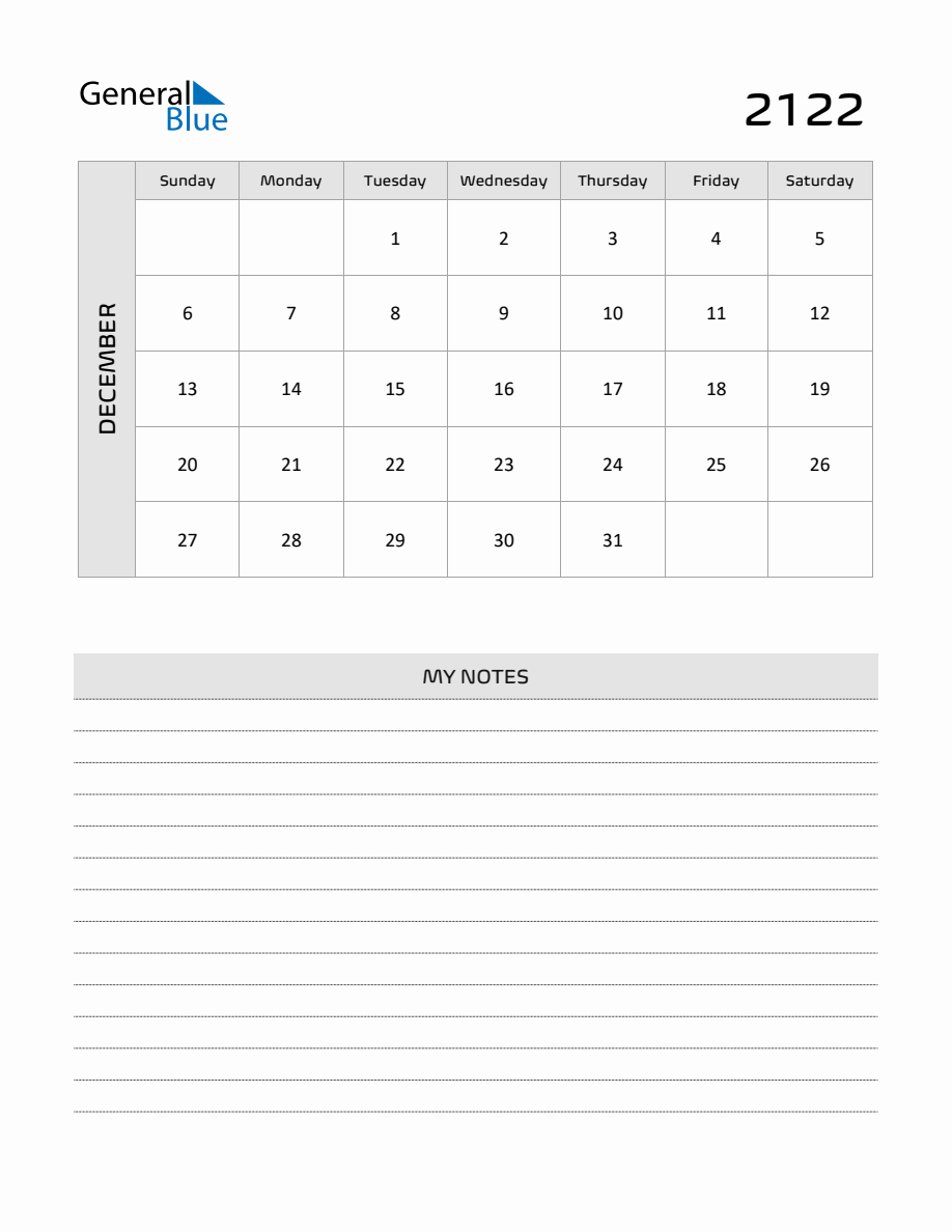 December 2122 Printable Monthly Calendar with Notes