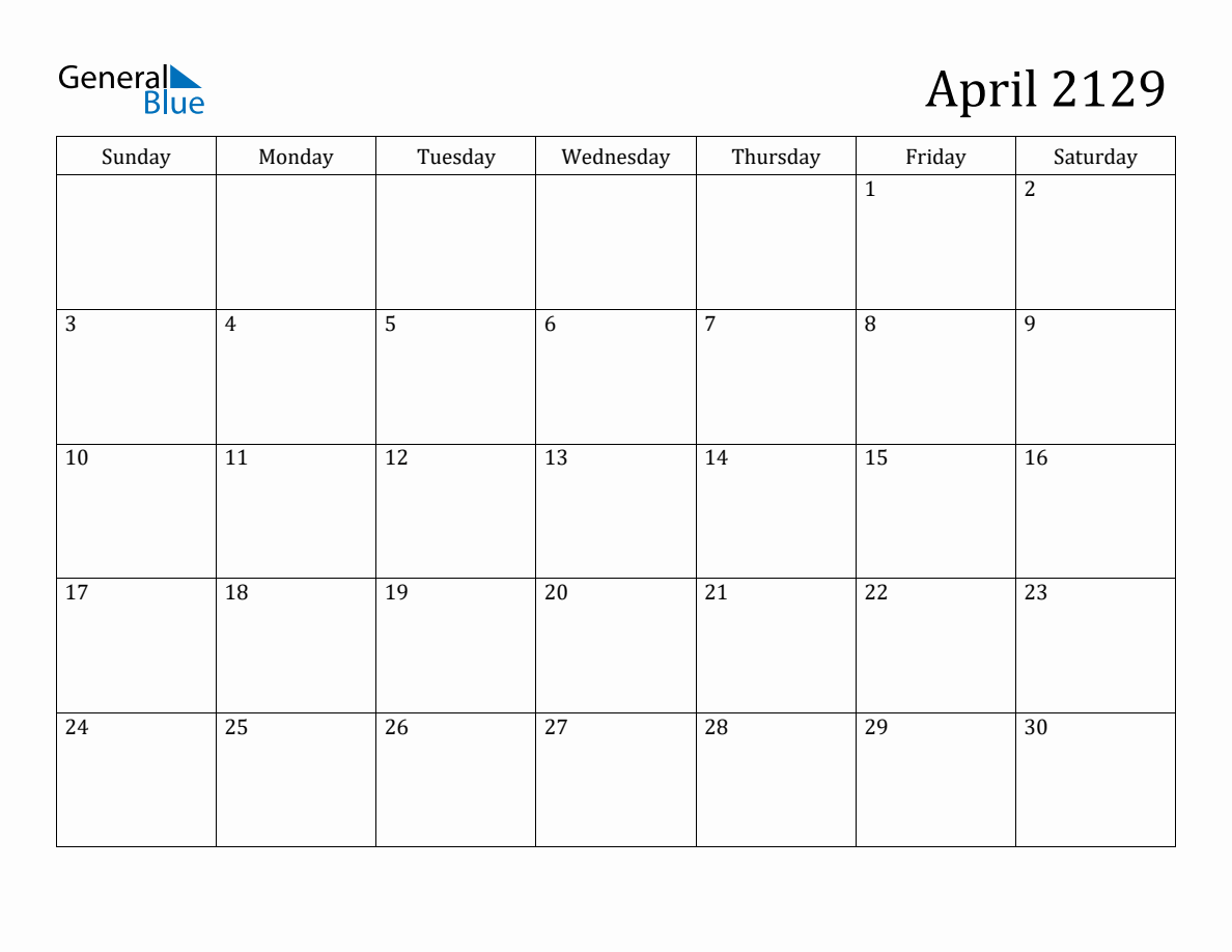 April 2129 Monthly Calendar