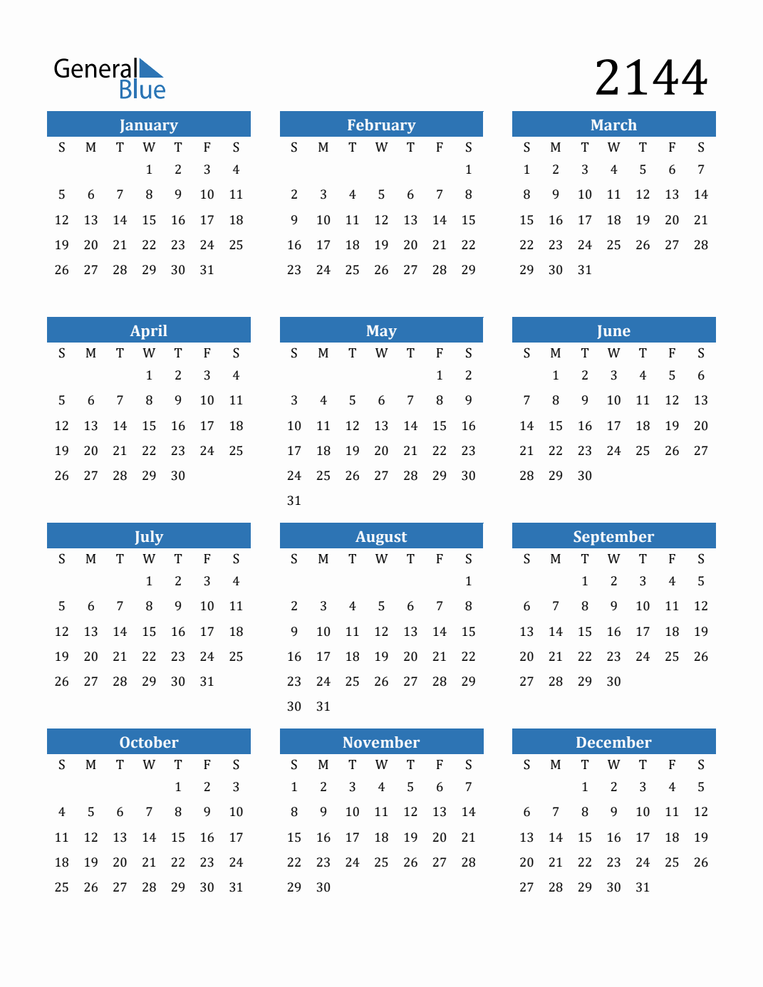 Free 2144 Calendars in PDF, Word, Excel