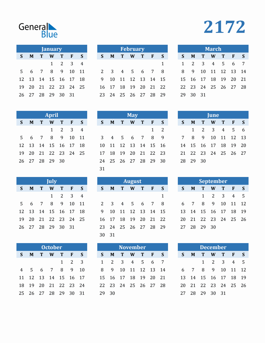 Free 2172 Year Calendar in PDF, Word, and Excel