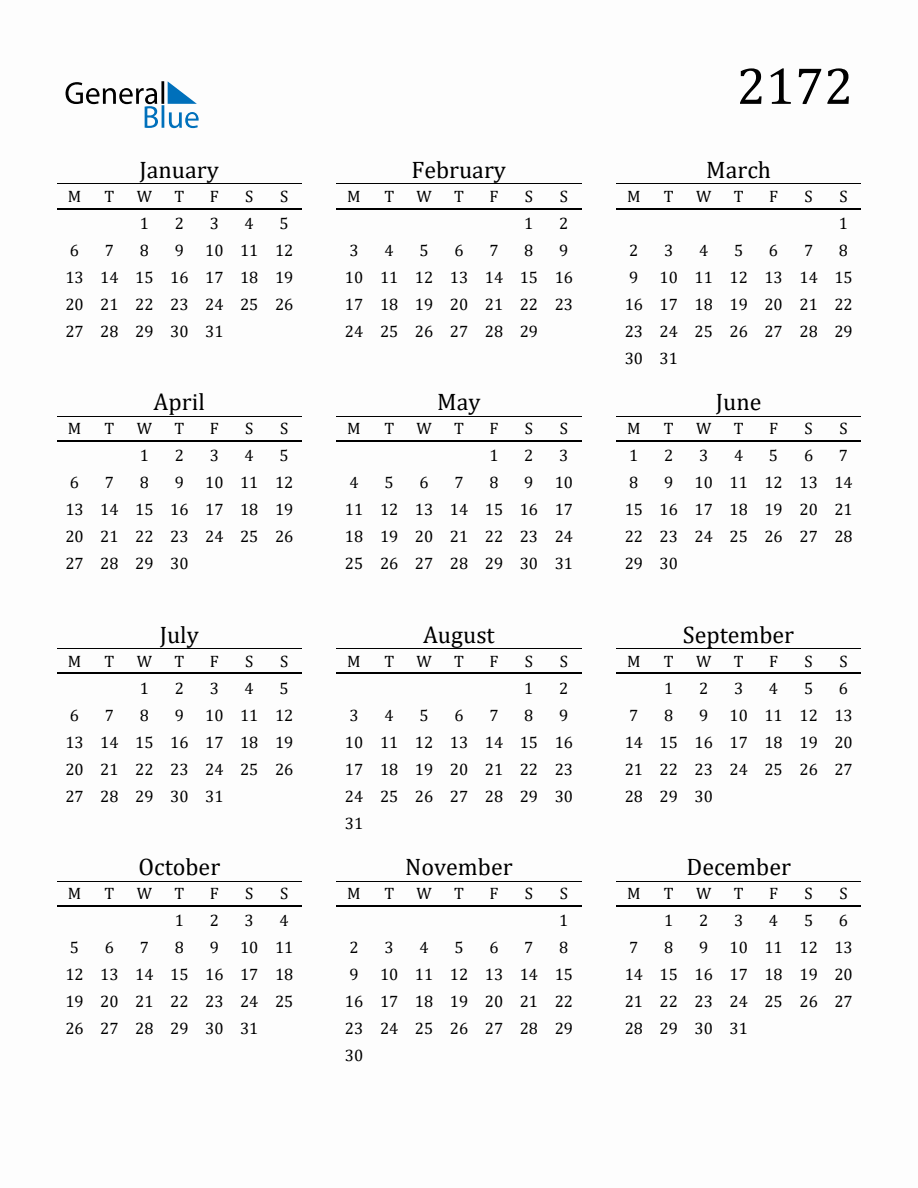 Year 2172 Free Printable 12-Month Calendar with Monday Start
