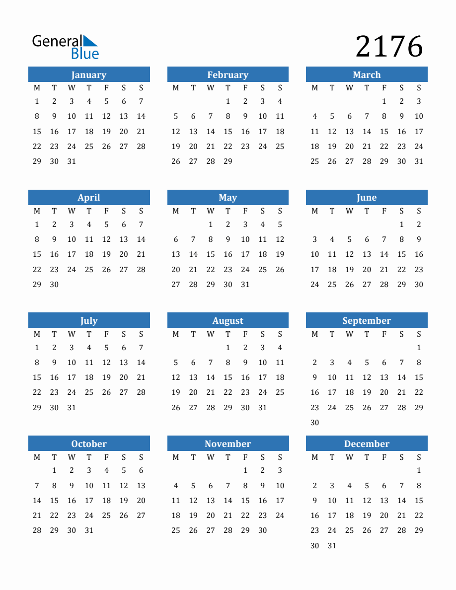 2176 Yearly Calendar with Monday Start