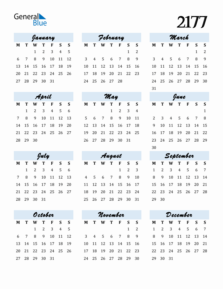 Free Downloadable Calendar for Year 2177 with Monday Start
