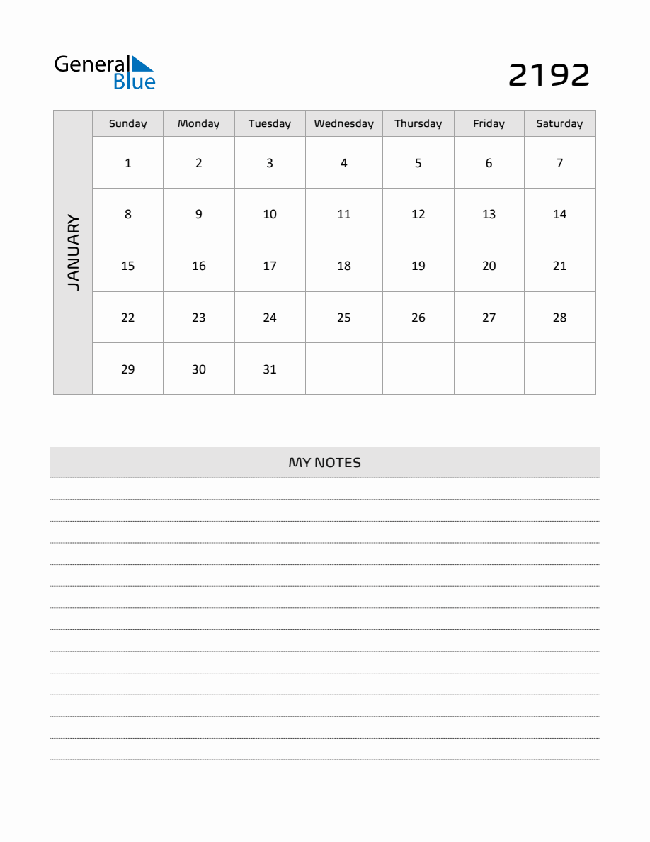January 2192 Printable Monthly Calendar with Notes