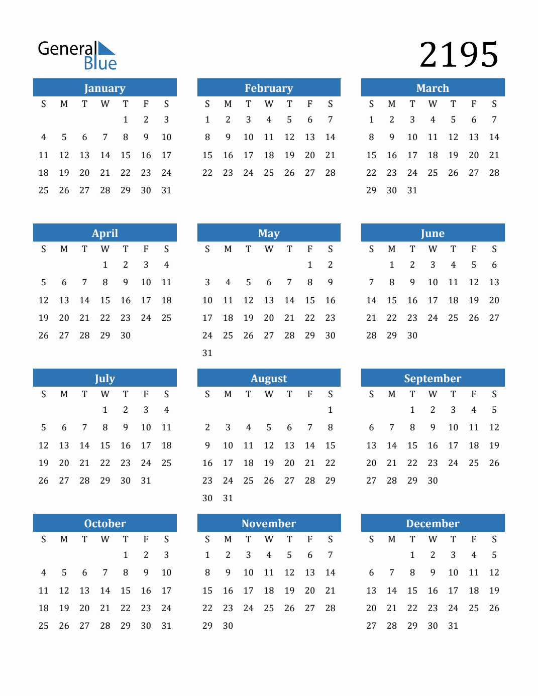 Free 2195 Calendars in PDF, Word, Excel