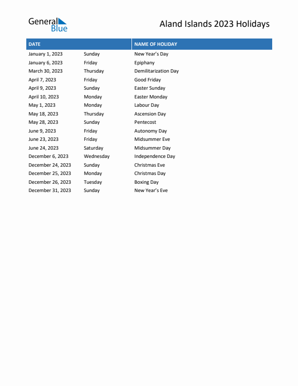 Free printable list of Aland Islands holidays for year 2023