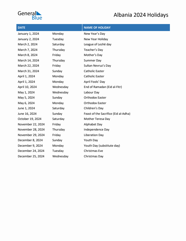 Free printable list of Albania holidays for year 2024