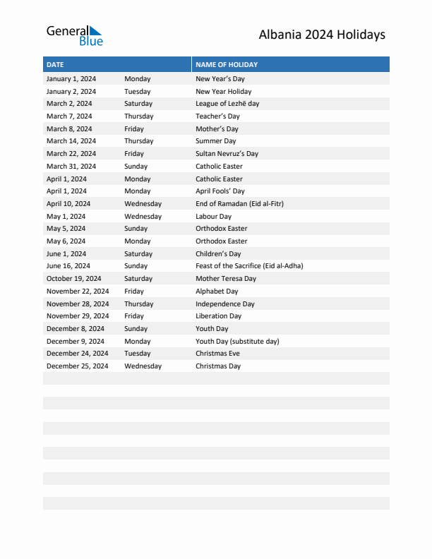 Free printable list of Albania holidays for year 2024