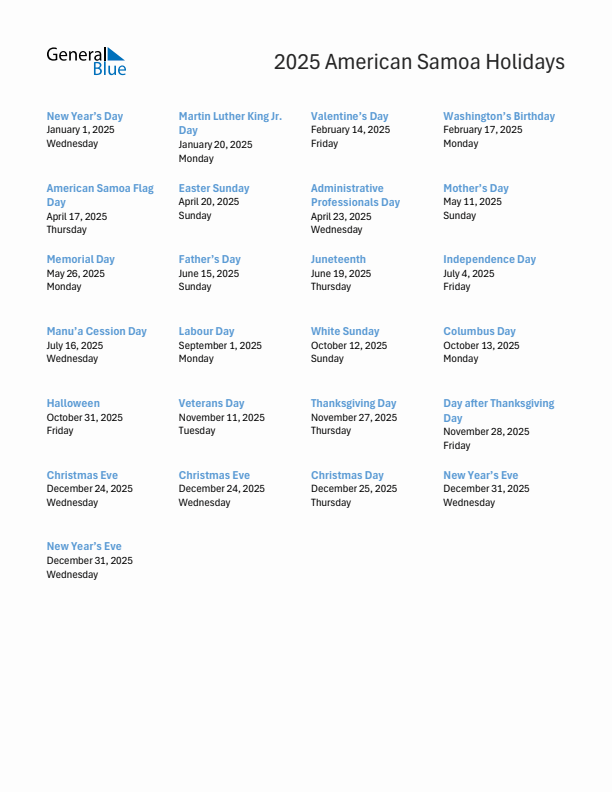 Free printable list of American Samoa holidays for year 2025
