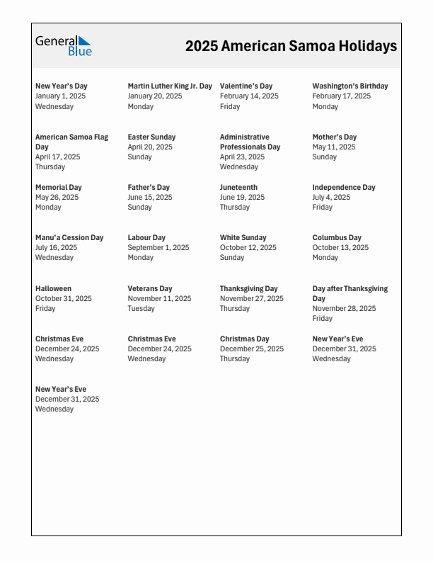 Free printable list of American Samoa holidays for year 2025