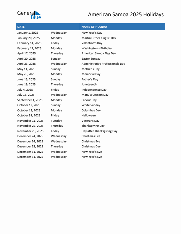 Free printable list of American Samoa holidays for year 2025