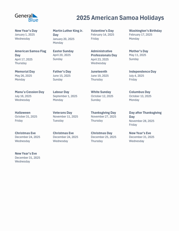 Free printable list of American Samoa holidays for year 2025