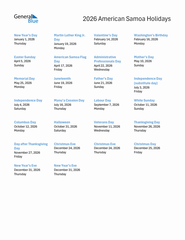 Free printable list of American Samoa holidays for year 2026