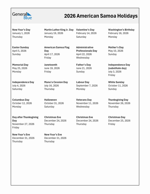 Free printable list of American Samoa holidays for year 2026