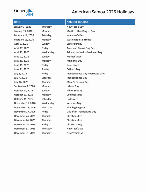 Free printable list of American Samoa holidays for year 2026