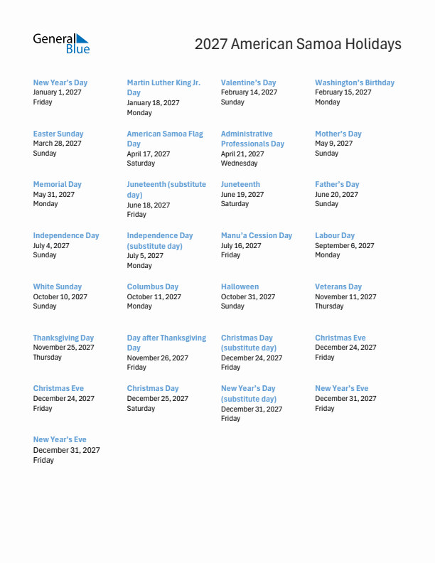 Free printable list of American Samoa holidays for year 2027