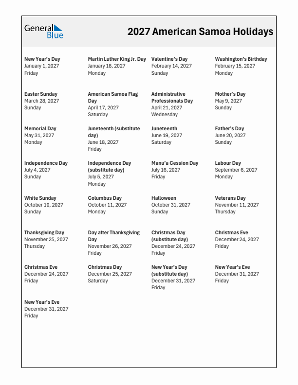 Free printable list of American Samoa holidays for year 2027