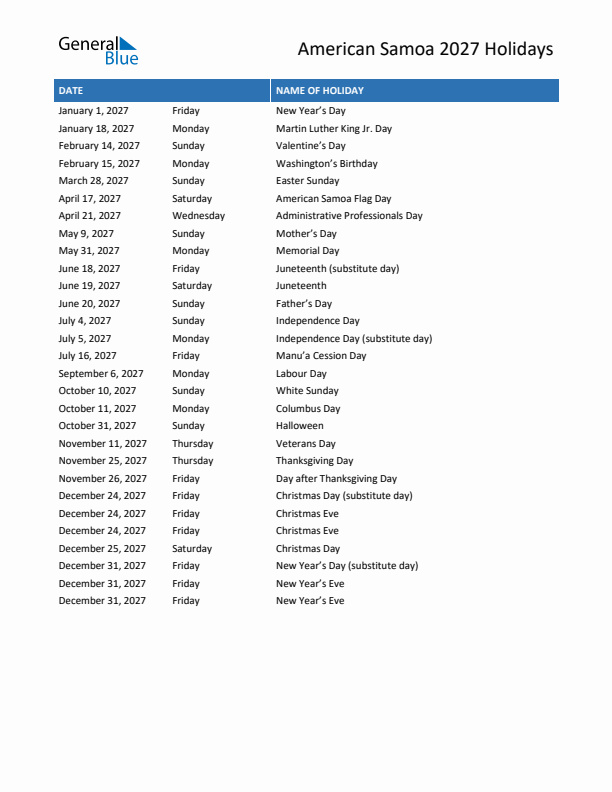 Free printable list of American Samoa holidays for year 2027