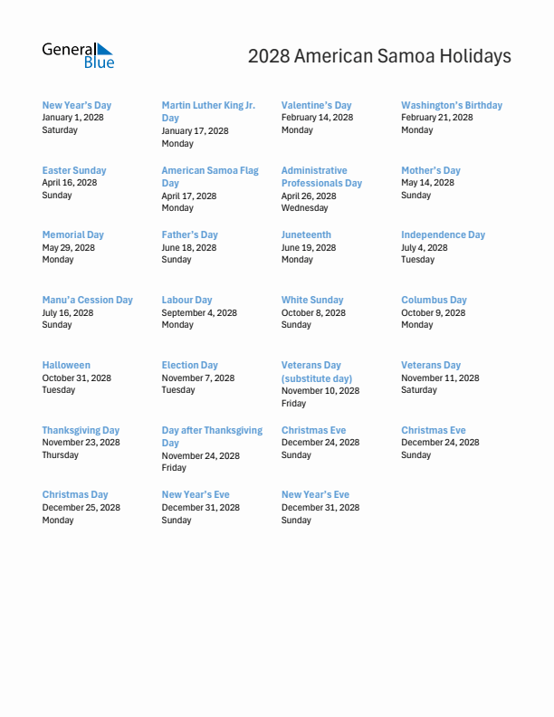 Free printable list of American Samoa holidays for year 2028