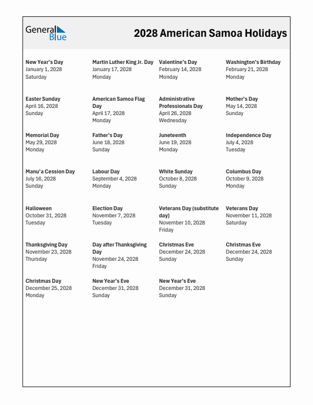 Free printable list of American Samoa holidays for year 2028