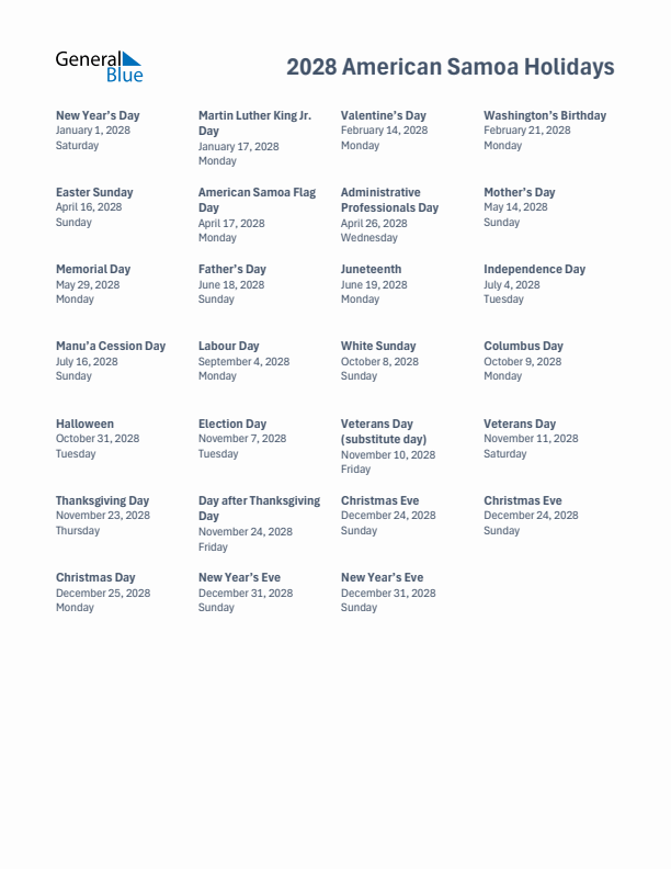 Free printable list of American Samoa holidays for year 2028